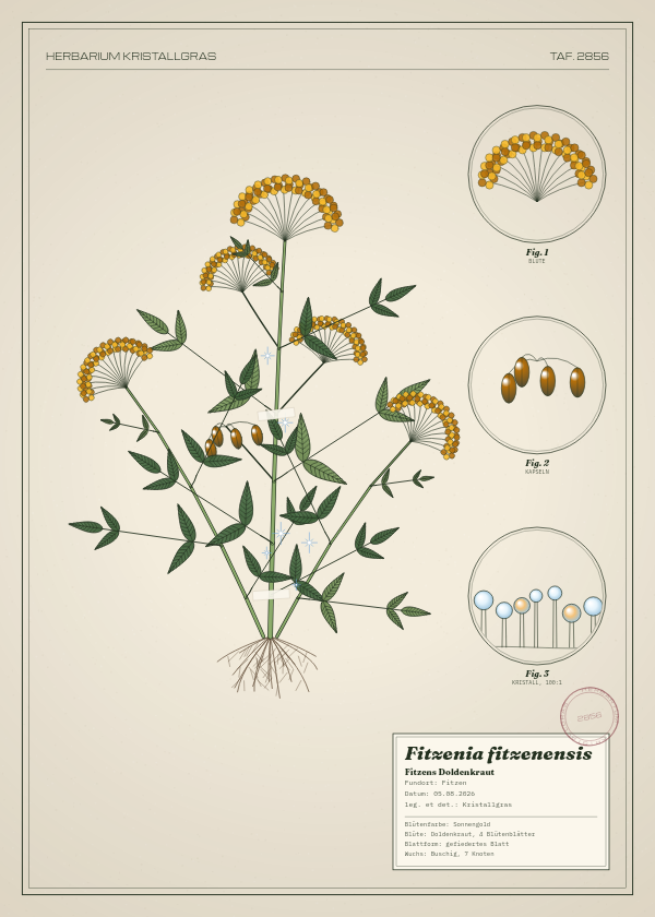 Botanische Tafel: Fitzenia fitzenensis, eine erfundene Pflanze aus Fitzen, gezeichnet wie in einem alten Pflanzenatlas