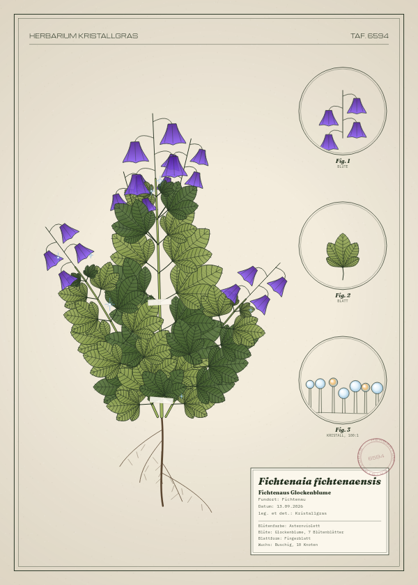 Botanische Tafel: Fichtenaia fichtenaensis, eine erfundene Pflanze aus Fichtenau, gezeichnet wie in einem alten Pflanzenatlas