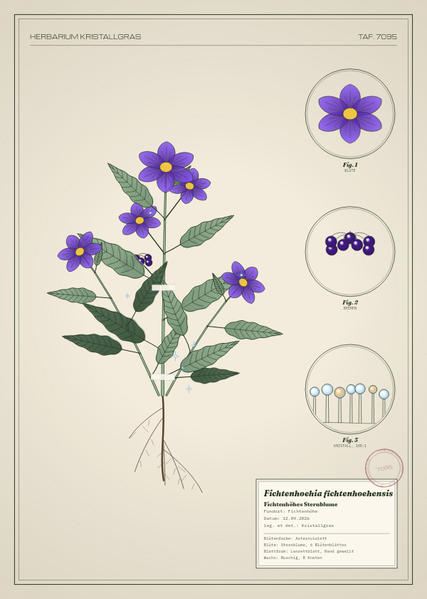 Botanische Tafel: Fichtenhoehia fichtenhoehensis, eine erfundene Pflanze aus Fichtenhöhe, gezeichnet wie in einem alten Pflanzenatlas