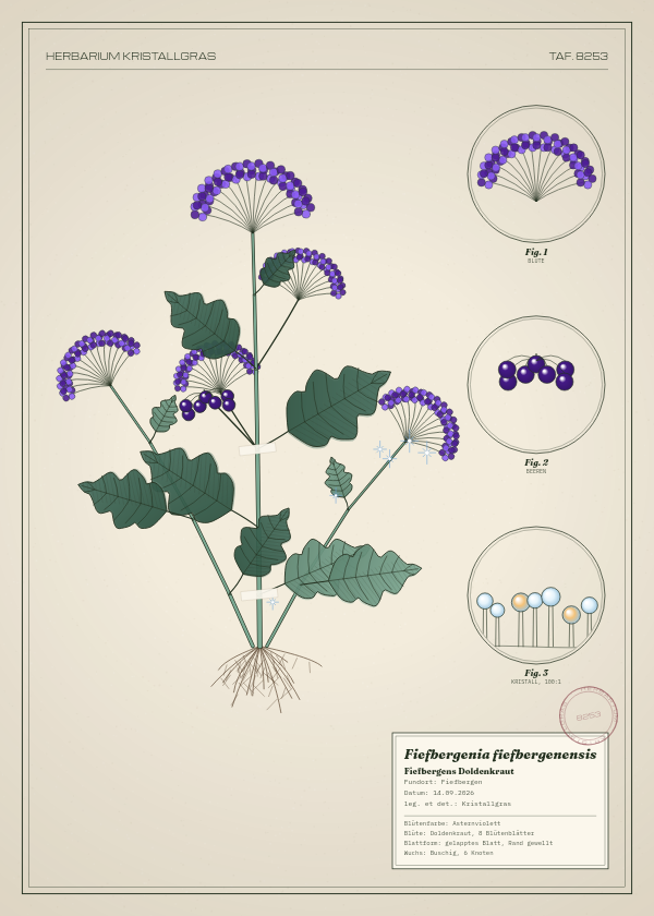 Botanische Tafel: Fiefbergenia fiefbergenensis, eine erfundene Pflanze aus Fiefbergen, gezeichnet wie in einem alten Pflanzenatlas