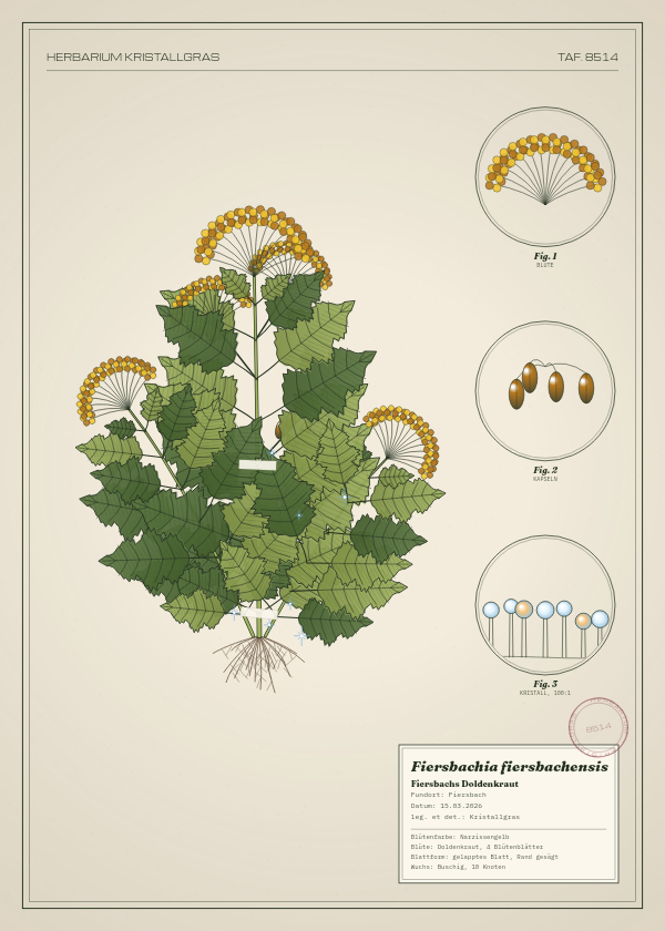 Botanische Tafel: Fiersbachia fiersbachensis, eine erfundene Pflanze aus Fiersbach, gezeichnet wie in einem alten Pflanzenatlas