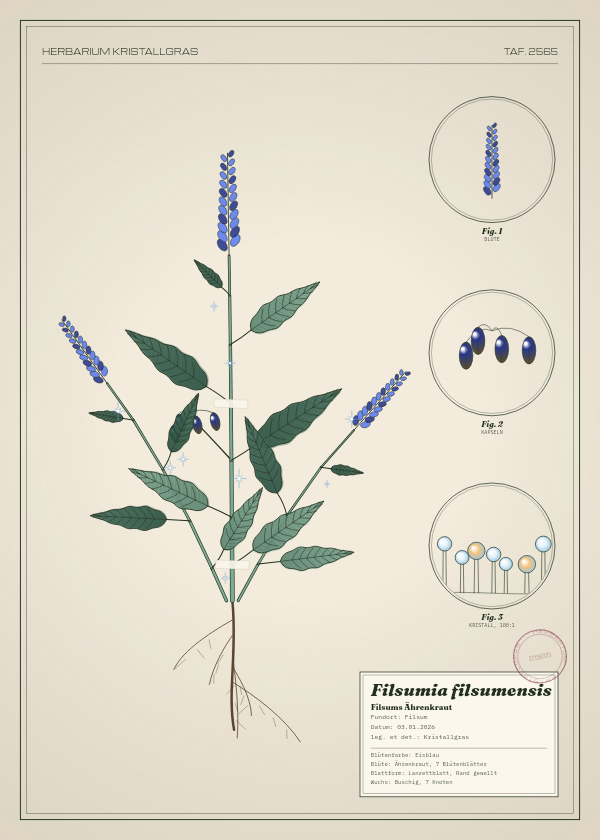 Botanische Tafel: Filsumia filsumensis, eine erfundene Pflanze aus Filsum, gezeichnet wie in einem alten Pflanzenatlas