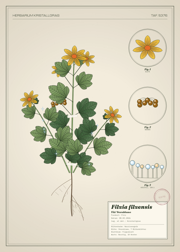 Botanische Tafel: Filzia filzensis, eine erfundene Pflanze aus Filz, gezeichnet wie in einem alten Pflanzenatlas
