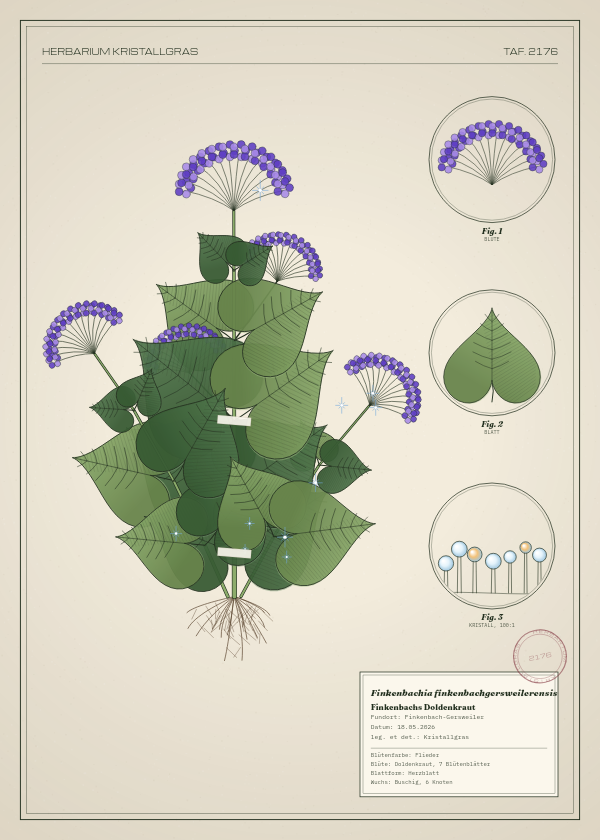 Botanische Tafel: Finkenbachia finkenbachgersweilerensis, eine erfundene Pflanze aus Finkenbach-Gersweiler, gezeichnet wie in einem alten Pflanzenatlas