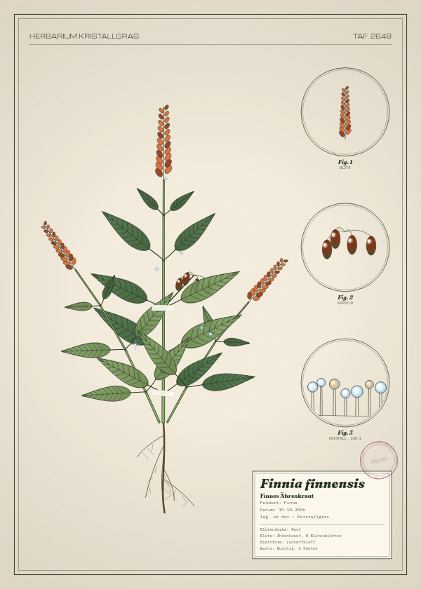Botanische Tafel: Finnia finnensis, eine erfundene Pflanze aus Finne, gezeichnet wie in einem alten Pflanzenatlas
