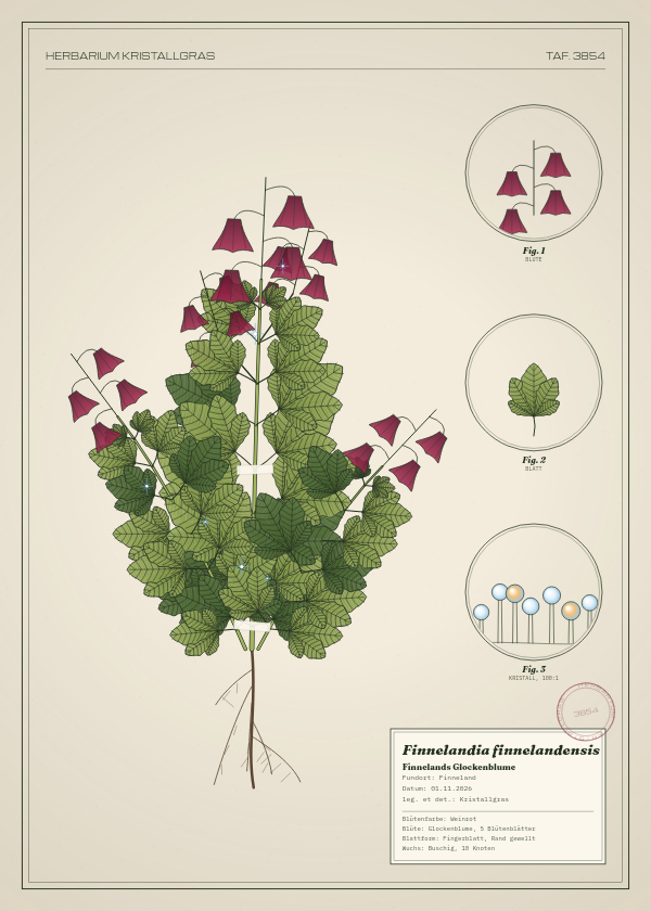 Botanische Tafel: Finnelandia finnelandensis, eine erfundene Pflanze aus Finneland, gezeichnet wie in einem alten Pflanzenatlas
