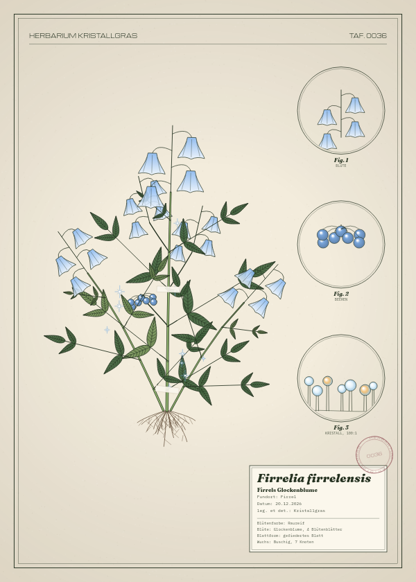 Botanische Tafel: Firrelia firrelensis, eine erfundene Pflanze aus Firrel, gezeichnet wie in einem alten Pflanzenatlas