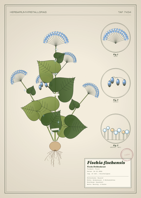 Botanische Tafel: Fischia fischensis, eine erfundene Pflanze aus Fisch, gezeichnet wie in einem alten Pflanzenatlas