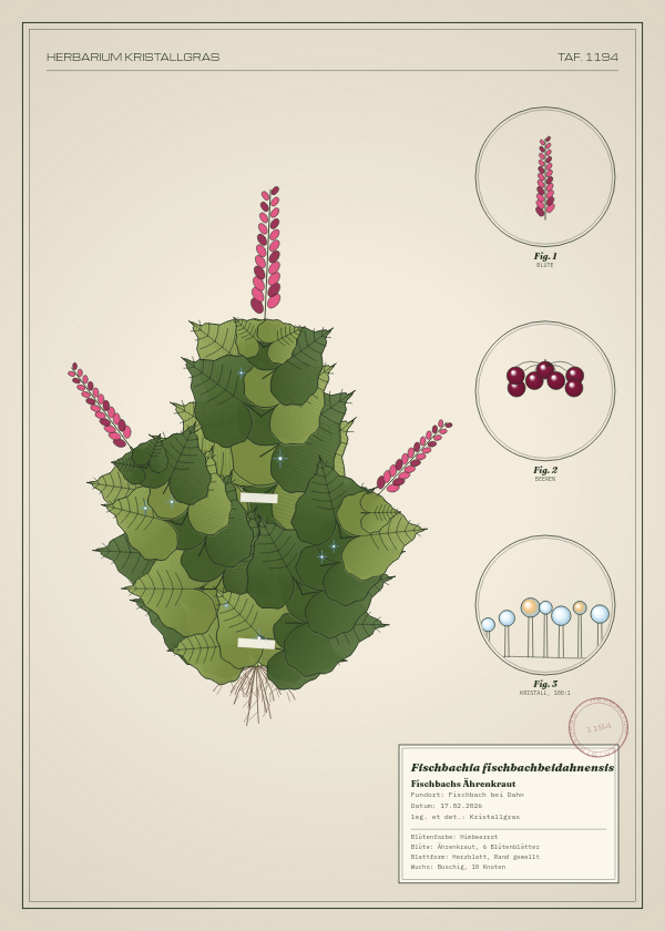 Botanische Tafel: Fischbachia fischbachbeidahnensis, eine erfundene Pflanze aus Fischbach bei Dahn, gezeichnet wie in einem alten Pflanzenatlas