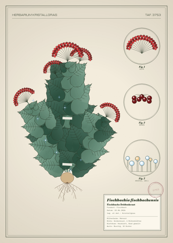 Botanische Tafel: Fischbachia fischbachensis, eine erfundene Pflanze aus Fischbach, gezeichnet wie in einem alten Pflanzenatlas