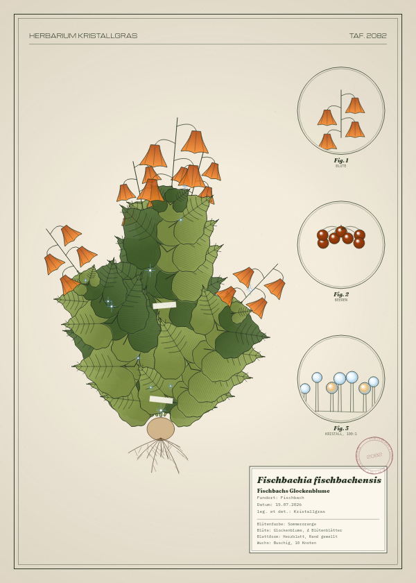 Botanische Tafel: Fischbachia fischbachensis, eine erfundene Pflanze aus Fischbach, gezeichnet wie in einem alten Pflanzenatlas