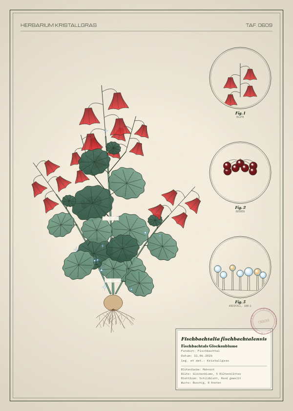 Botanische Tafel: Fischbachtalia fischbachtalensis, eine erfundene Pflanze aus Fischbachtal, gezeichnet wie in einem alten Pflanzenatlas