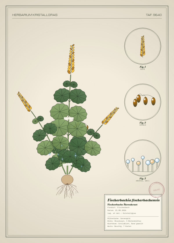 Botanische Tafel: Fischerbachia fischerbachensis, eine erfundene Pflanze aus Fischerbach, gezeichnet wie in einem alten Pflanzenatlas