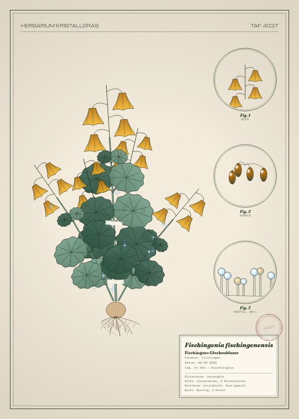 Botanische Tafel: Fischingenia fischingenensis, eine erfundene Pflanze aus Fischingen, gezeichnet wie in einem alten Pflanzenatlas