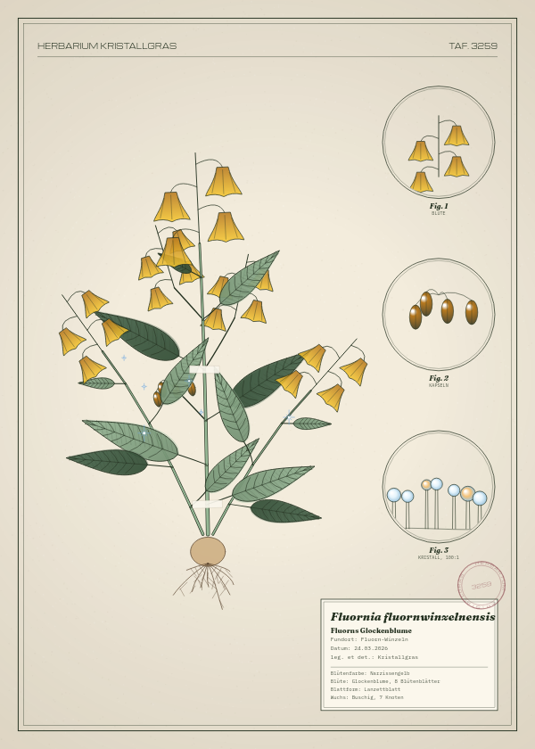 Botanische Tafel: Fluornia fluornwinzelnensis, eine erfundene Pflanze aus Fluorn-Winzeln, gezeichnet wie in einem alten Pflanzenatlas