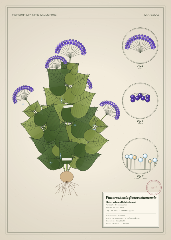 Botanische Tafel: Fluterschenia fluterschenensis, eine erfundene Pflanze aus Fluterschen, gezeichnet wie in einem alten Pflanzenatlas