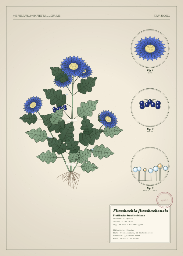 Botanische Tafel: Flussbachia flussbachensis, eine erfundene Pflanze aus Flußbach, gezeichnet wie in einem alten Pflanzenatlas