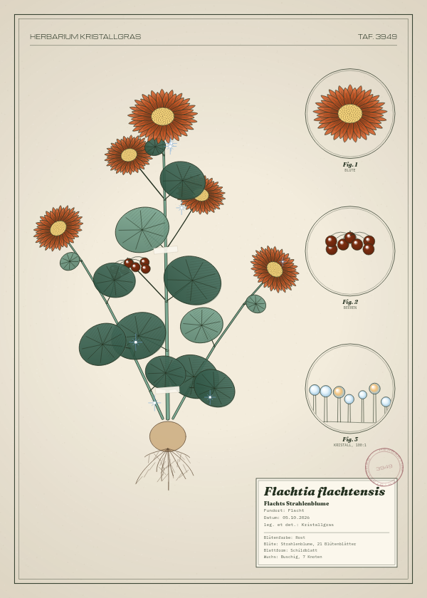 Botanische Tafel: Flachtia flachtensis, eine erfundene Pflanze aus Flacht, gezeichnet wie in einem alten Pflanzenatlas