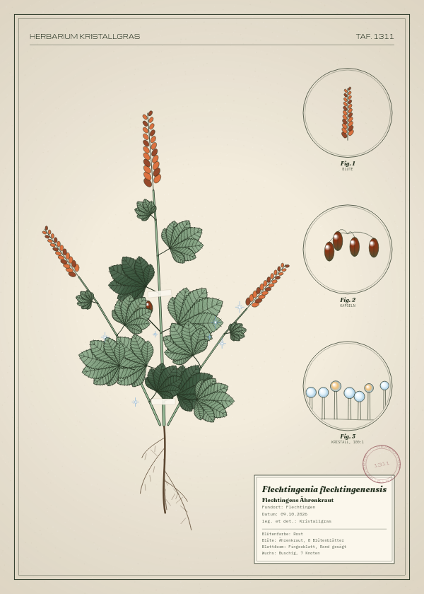 Botanische Tafel: Flechtingenia flechtingenensis, eine erfundene Pflanze aus Flechtingen, gezeichnet wie in einem alten Pflanzenatlas
