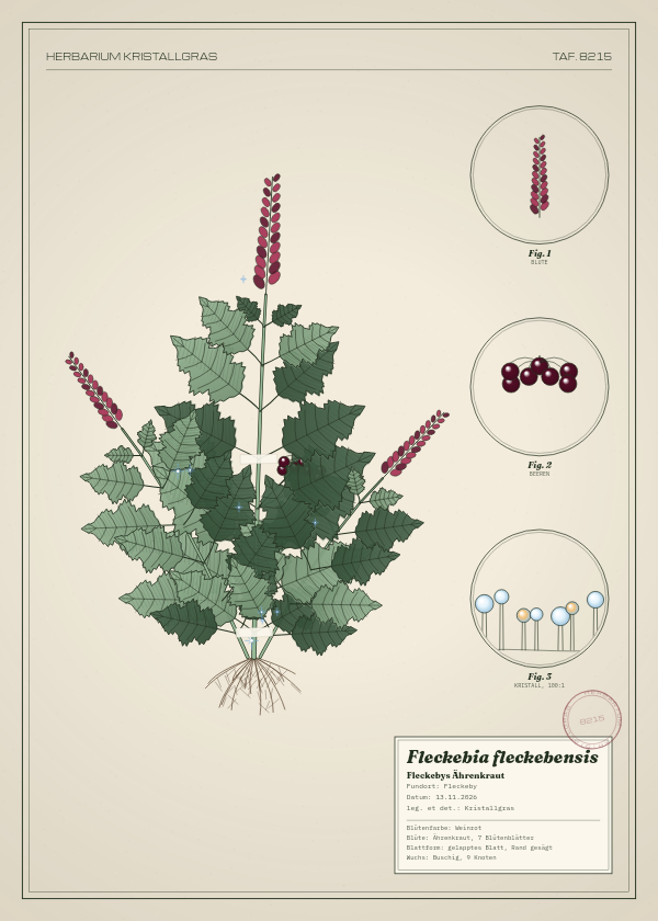 Botanische Tafel: Fleckebia fleckebensis, eine erfundene Pflanze aus Fleckeby, gezeichnet wie in einem alten Pflanzenatlas