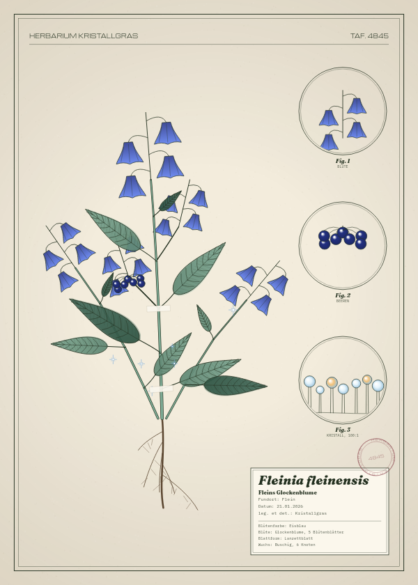 Botanische Tafel: Fleinia fleinensis, eine erfundene Pflanze aus Flein, gezeichnet wie in einem alten Pflanzenatlas