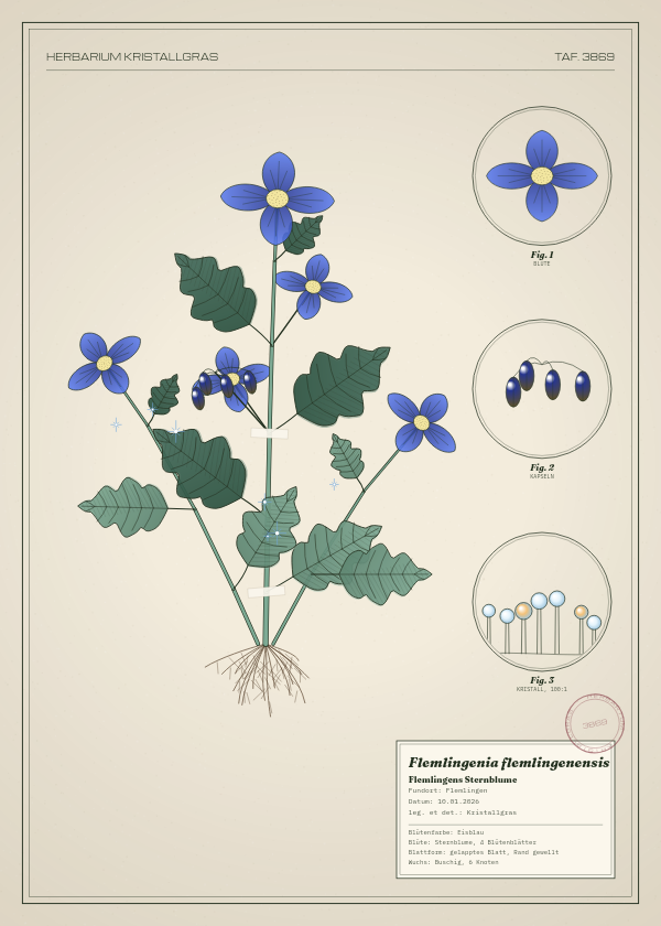Botanische Tafel: Flemlingenia flemlingenensis, eine erfundene Pflanze aus Flemlingen, gezeichnet wie in einem alten Pflanzenatlas