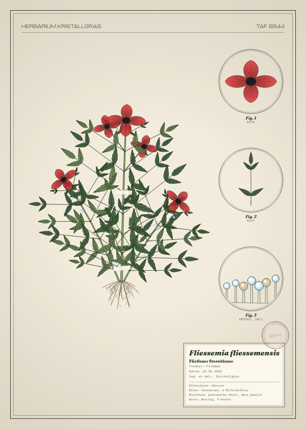 Botanische Tafel: Fliessemia fliessemensis, eine erfundene Pflanze aus Fließem, gezeichnet wie in einem alten Pflanzenatlas