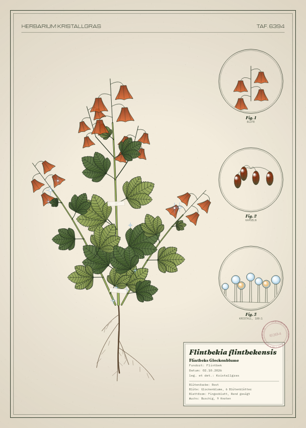Botanische Tafel: Flintbekia flintbekensis, eine erfundene Pflanze aus Flintbek, gezeichnet wie in einem alten Pflanzenatlas