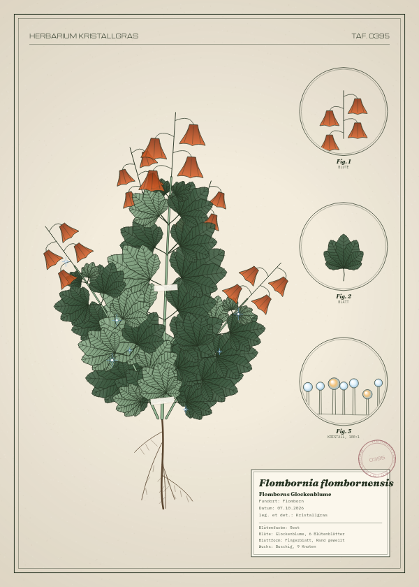 Botanische Tafel: Flombornia flombornensis, eine erfundene Pflanze aus Flomborn, gezeichnet wie in einem alten Pflanzenatlas