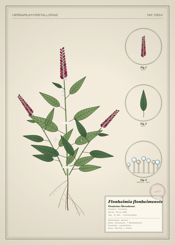 Botanische Tafel: Flonheimia flonheimensis, eine erfundene Pflanze aus Flonheim, gezeichnet wie in einem alten Pflanzenatlas