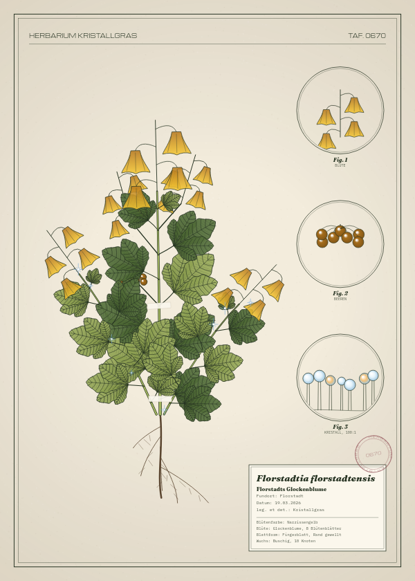 Botanische Tafel: Florstadtia florstadtensis, eine erfundene Pflanze aus Florstadt, gezeichnet wie in einem alten Pflanzenatlas