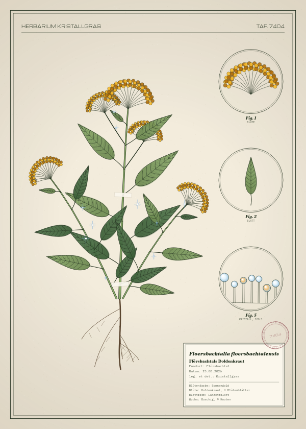 Botanische Tafel: Floersbachtalia floersbachtalensis, eine erfundene Pflanze aus Flörsbachtal, gezeichnet wie in einem alten Pflanzenatlas