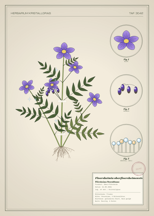 Botanische Tafel: Floersheimia oberfloersheimensis, eine erfundene Pflanze aus Ober-Flörsheim, gezeichnet wie in einem alten Pflanzenatlas