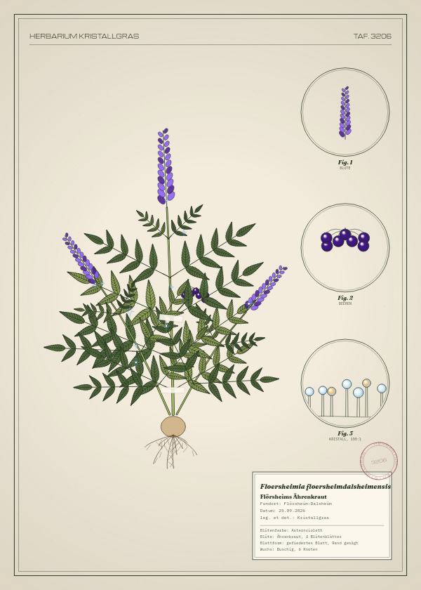 Botanische Tafel: Floersheimia floersheimdalsheimensis, eine erfundene Pflanze aus Flörsheim-Dalsheim, gezeichnet wie in einem alten Pflanzenatlas