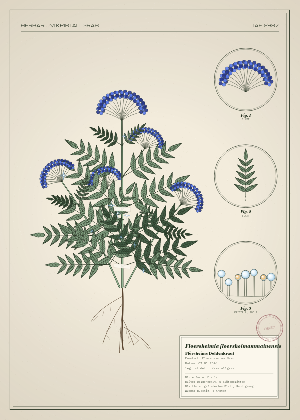 Botanische Tafel: Floersheimia floersheimammainensis, eine erfundene Pflanze aus Flörsheim am Main, gezeichnet wie in einem alten Pflanzenatlas
