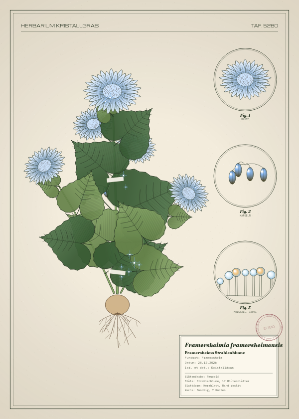 Botanische Tafel: Framersheimia framersheimensis, eine erfundene Pflanze aus Framersheim, gezeichnet wie in einem alten Pflanzenatlas