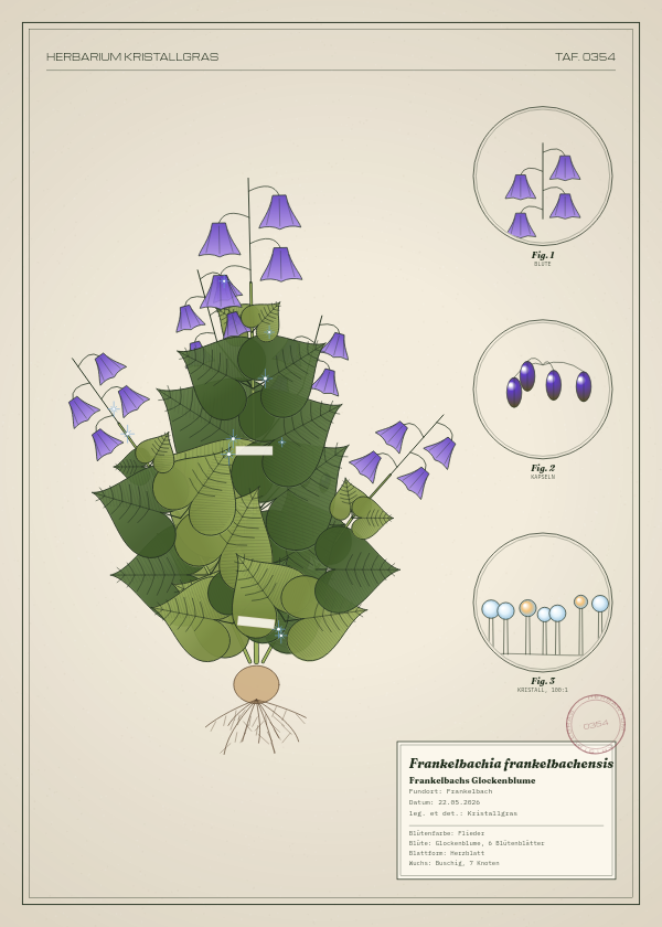 Botanische Tafel: Frankelbachia frankelbachensis, eine erfundene Pflanze aus Frankelbach, gezeichnet wie in einem alten Pflanzenatlas