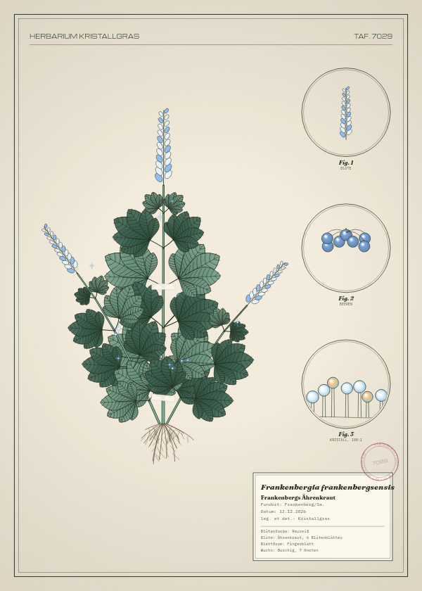 Botanische Tafel: Frankenbergia frankenbergsensis, eine erfundene Pflanze aus Frankenberg/Sa., gezeichnet wie in einem alten Pflanzenatlas