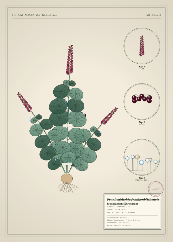 Botanische Tafel: Frankenblickia frankenblickensis, eine erfundene Pflanze aus Frankenblick, gezeichnet wie in einem alten Pflanzenatlas