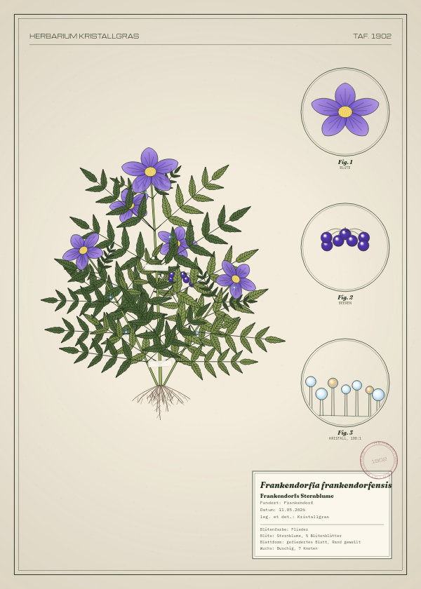Botanische Tafel: Frankendorfia frankendorfensis, eine erfundene Pflanze aus Frankendorf, gezeichnet wie in einem alten Pflanzenatlas