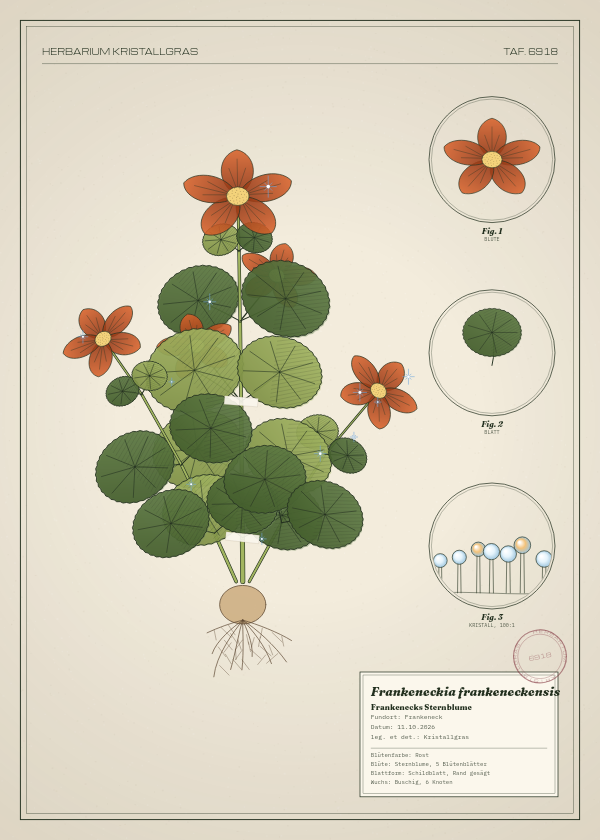 Botanische Tafel: Frankeneckia frankeneckensis, eine erfundene Pflanze aus Frankeneck, gezeichnet wie in einem alten Pflanzenatlas