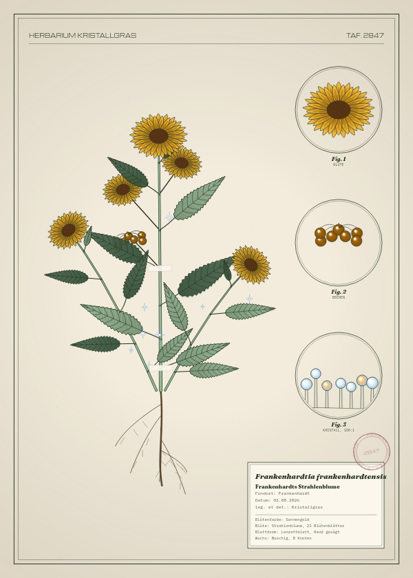 Botanische Tafel: Frankenhardtia frankenhardtensis, eine erfundene Pflanze aus Frankenhardt, gezeichnet wie in einem alten Pflanzenatlas