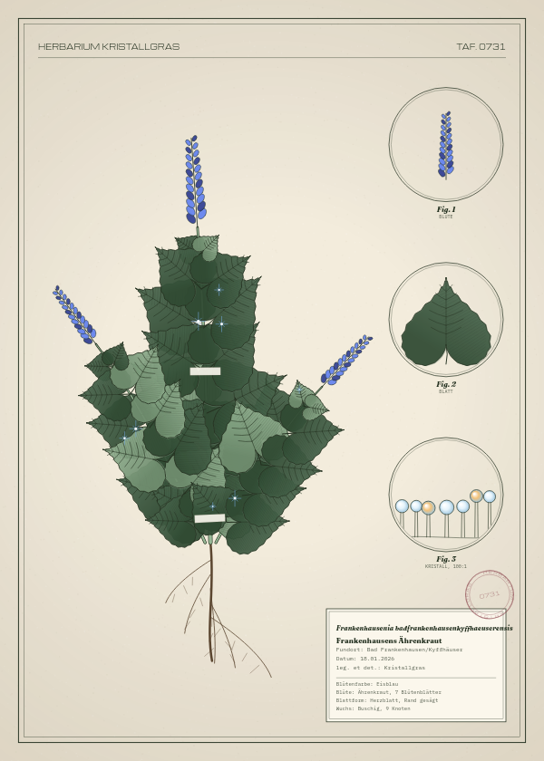 Botanische Tafel: Frankenhausenia badfrankenhausenkyffhaeuserensis, eine erfundene Pflanze aus Bad Frankenhausen/Kyffhäuser, gezeichnet wie in einem alten Pflanzenatlas