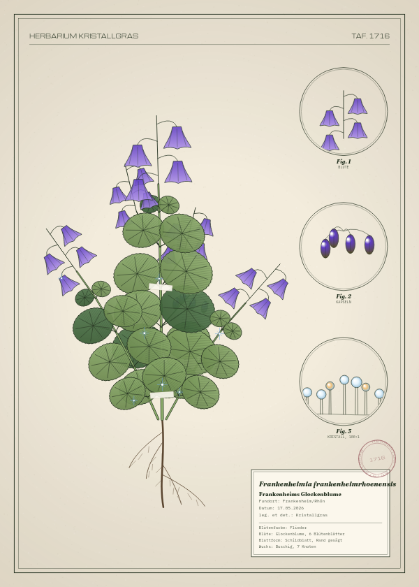 Botanische Tafel: Frankenheimia frankenheimrhoenensis, eine erfundene Pflanze aus Frankenheim/Rhön, gezeichnet wie in einem alten Pflanzenatlas