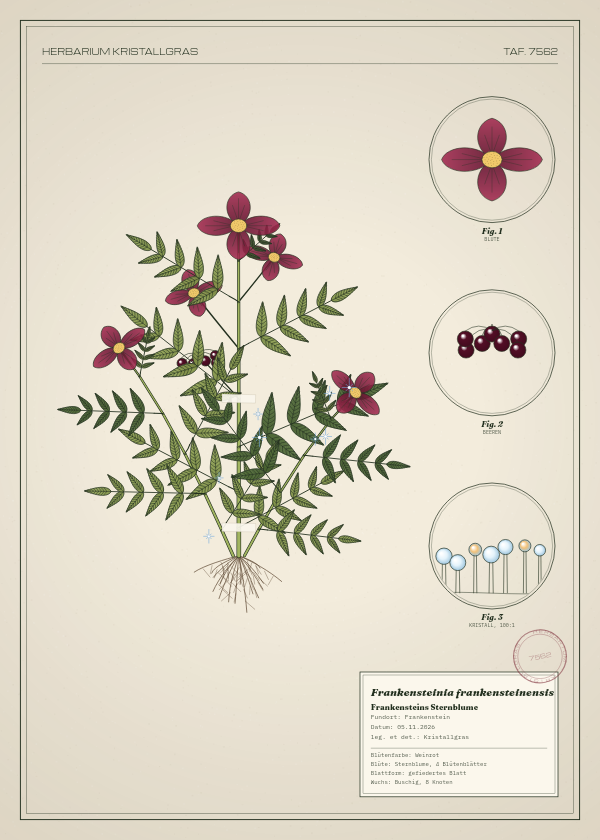 Botanische Tafel: Frankensteinia frankensteinensis, eine erfundene Pflanze aus Frankenstein, gezeichnet wie in einem alten Pflanzenatlas