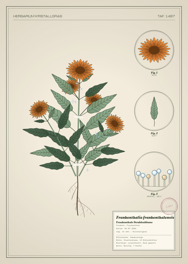 Botanische Tafel: Frankenthalia frankenthalensis, eine erfundene Pflanze aus Frankenthal, gezeichnet wie in einem alten Pflanzenatlas