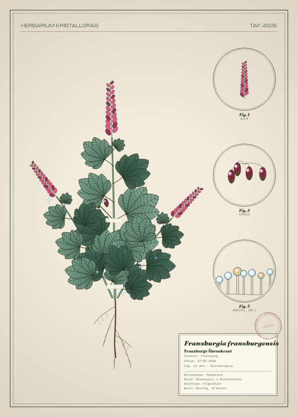 Botanische Tafel: Franzburgia franzburgensis, eine erfundene Pflanze aus Franzburg, gezeichnet wie in einem alten Pflanzenatlas