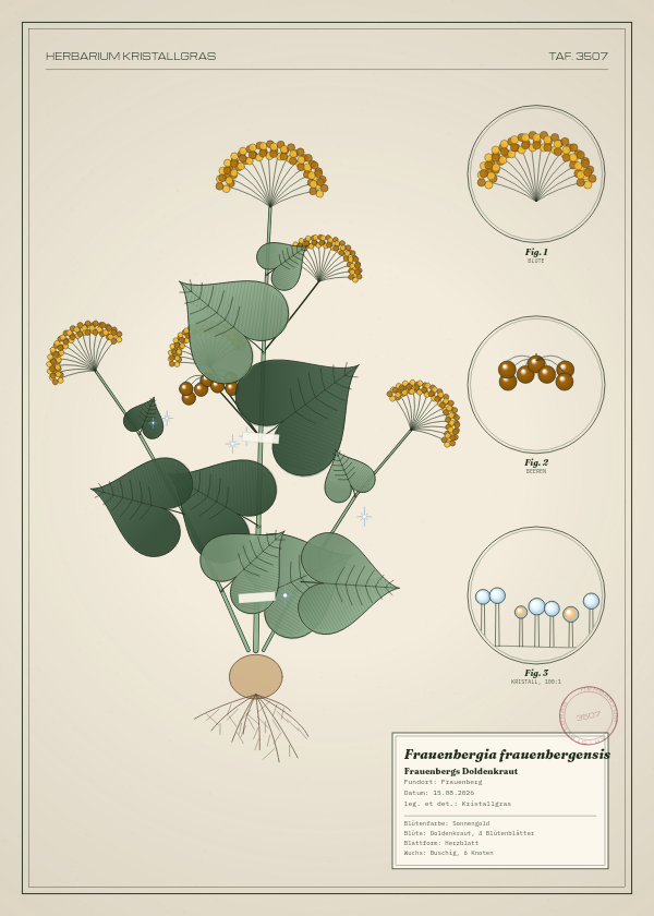 Botanische Tafel: Frauenbergia frauenbergensis, eine erfundene Pflanze aus Frauenberg, gezeichnet wie in einem alten Pflanzenatlas