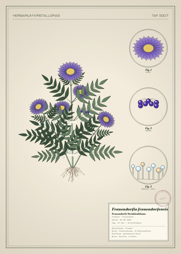 Botanische Tafel: Frauendorfia frauendorfensis, eine erfundene Pflanze aus Frauendorf, gezeichnet wie in einem alten Pflanzenatlas