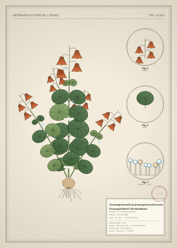 Botanische Tafel: Frauenpriessnitzia frauenpriessnitzensis, eine erfundene Pflanze aus Frauenprießnitz, gezeichnet wie in einem alten Pflanzenatlas